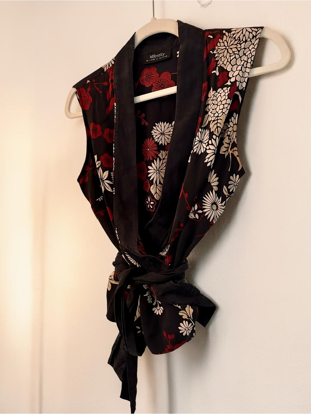 Lord & Taylor Navy Blue Floral 100% Silk Wrap Vest with Red & Cream Flowers